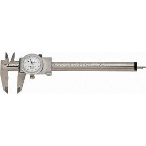 TESA Brown & Sharpe Dial Caliper: 6'' Range, 0.001'' Graduation, 0.1'' per Revolution 1.5'' Jaw Length, White Face, 0.0008'' Accuracy 00589020 - 76340140