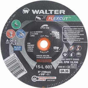 Walter Surface Technologies | FLEXCUT™ | Depressed-Center Grinding Wheel | 6" Dia x 5/8" - 11 Arbor, Grit 36, Type 29S, Pk 25 - 15L603