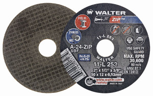 Walter Surface Technologies | ZIP™ | Cut-Off Wheel 2" Dia x 1/2" Thick x 3/8" Arbor, TYPE 1, Grit 24, PK 25 - 11L253