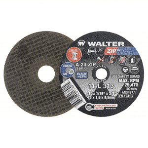 Walter Surface Technologies | ZIP™ | Cut-Off Wheel 3" Dia x 1/16" Thick x 3/8" Arbor, TYPE 1, Grit 24, PK 25 - 11L313