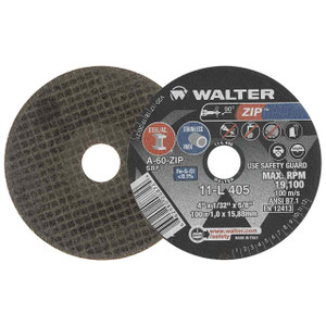 Walter Surface Technologies | ZIP™ | Cut-Off Wheel 4" Dia x 1/32" Thick x 5/8" Arbor, TYPE 1, Grit 60, PK 25 - 11L405