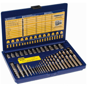 IRWIN HANSON Spiral Flute Screw Extractor & Drill, 35 Pc Set, Includes (13) Multi-Spline Screw Extractors: 1/8 to 1/2", (16) LH Cobalt Drills: 5/64 to 1/2", Fits 1/8", 5/32", 3/16", 7/32", 1/4" Screws 11135ZR - 48658314