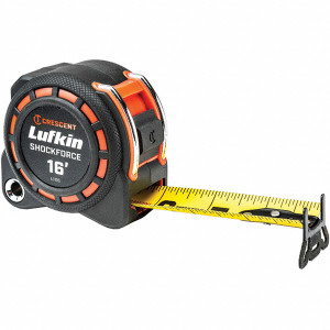 Lufkin Tape Measure: 16 ft. Long, 1-3/16" Width, Black & Yellow Blade 1/16 & 1/8" Graduation, Inch Graduation, Black & Orange Case L1116-02 - 95119475