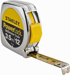 Stanley Tape Measure: 12 ft. Long, 1/2" Width, Yellow Blade Inch & Metric Graduation, Silver Case 33-215 - 00273391