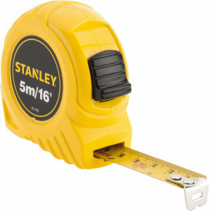 Stanley Tape Measure: 16 ft. Long, 3/4" Width, Yellow Blade 1 mm Graduation, Inch & Metric Graduation, Yellow Case 30-496 - 04614343