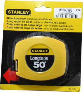 Stanley Tape Measure: 50 ft. Long, 3/8" Width, Yellow Blade 1/8" Graduation, Inch Graduation, Yellow Case 34-103 - 08366908
