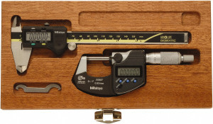 Mitutoyo Machinist Caliper & Micrometer Kit: 0 to 150 mm Caliper, 0 to 25.4 mm Micrometer, Includes 293-340-30 Digimatic Micrometer, 500-196-30 Digimatic Caliper with Absolute Encoder & 64PPP932 Mahogany Case 64PKA076BCAL - 53863189