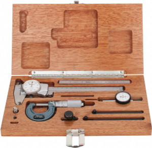 Mitutoyo Machinist Caliper, Micrometer, Ruler & Test Indicator Kit: 5 pc, 0 to 6" Caliper, 0 to 1" Micrometer Includes Dial Caliper, Full-Flexible Rule, Mahogany Case, Outside Micrometer & Test Indicator Set 64PKA069C - 57242166