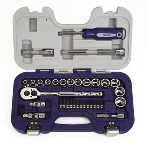 Williams Industrial Tools 35 pc 3/8" Drive 6-Point Metric Socket and Drive Tool Set with 1/4" Hex Screwdriver Bits Rugged Case System - JHW50613B