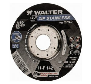 Walter Surface Technologies | ZIP STAINLESS™ Wheel | 4-1/2" Dia, 3/64" Thick, TYP 27, Grade A-60, PK 25 - 11F142