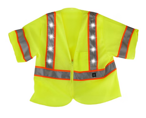 Bright fluorescent yellow high-visibility safety vest featuring orange reflective stripes and short sleeves, designed for construction workers, road crews, warehouse staff, and industrial safety applications.