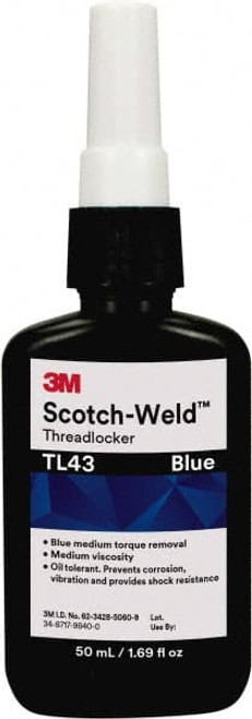 3M 50 mL, Blue, Medium Strength Liquid Threadlocker Series TL43, 24 hr Full Cure Time 7100039222 - 46708368