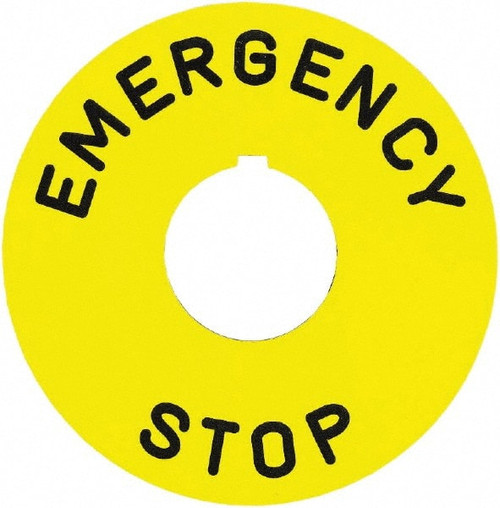 Square D Round, Plastic Legend Plate - Emergency Stop Yellow Background, Black Letters, 30mm Hole Diameter, 90mm Overall Diameter 9001KN8330 - 68619295 Square D Round, Plastic Legend Plate - Emergency Stop Yellow Background, Black Letters, 30mm Hole Diameter, 90mm Overall Diameter 9001KN8330 - 68619295