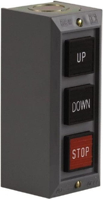 Schneider Electric 3 Operator, Projecting Pushbutton Control Station Down, Stop, Up (Legend), Momentary Switch, 2NO/3NC Contact, NEMA 1 9001BG305 - 69672814 Schneider Electric 3 Operator, Projecting Pushbutton Control Station Down, Stop, Up (Legend), Momentary Switch, 2NO/3NC Contact, NEMA 1 9001BG305 - 69672814