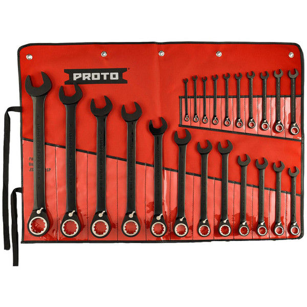 Proto Combination Wrench Set: 22 Pc, Metric Black/Chrome Finish, 15° Head JSCVM-22S - 71235063