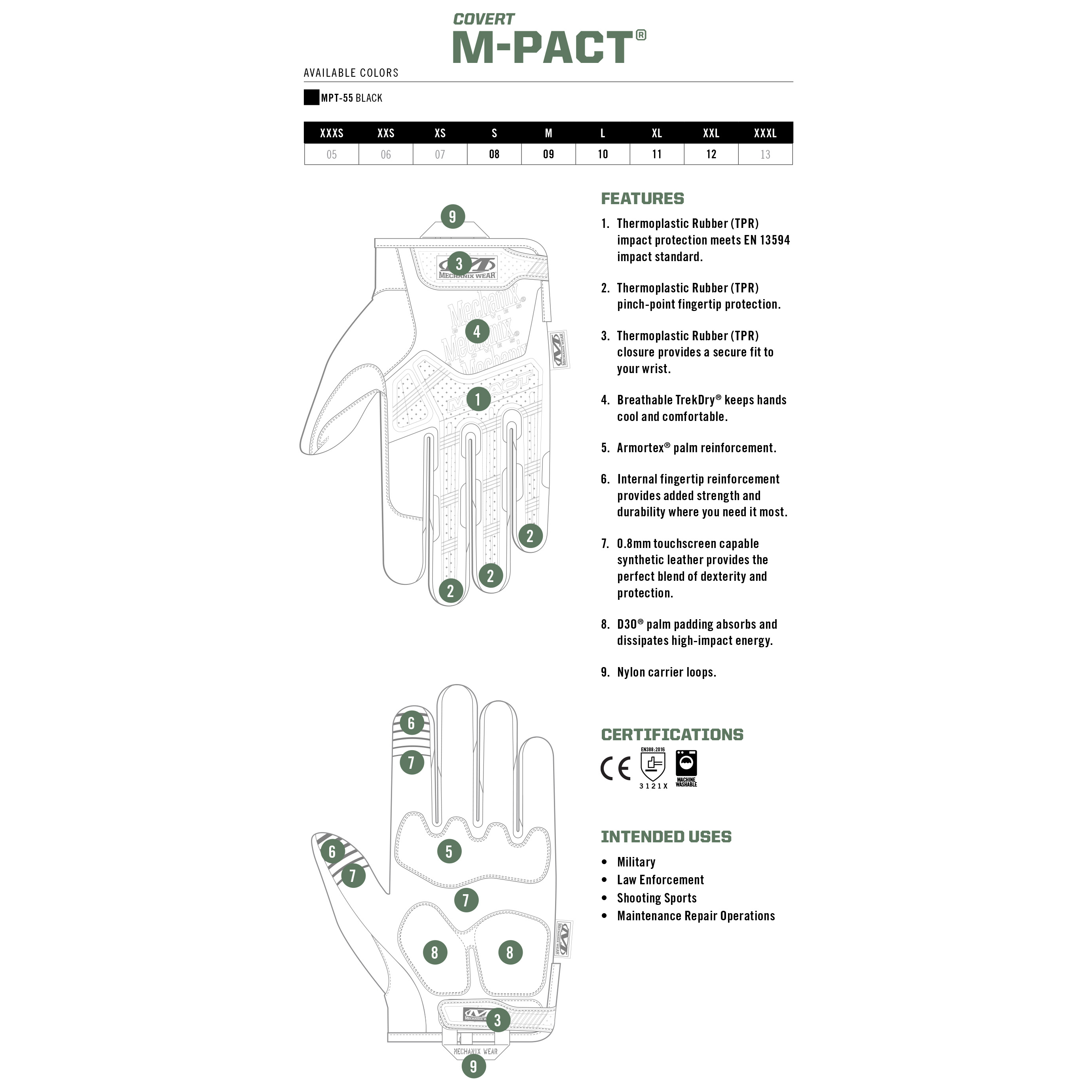 Mechanix Wear M-Pact® Covert Tactical Impact Gloves, Large - MPT