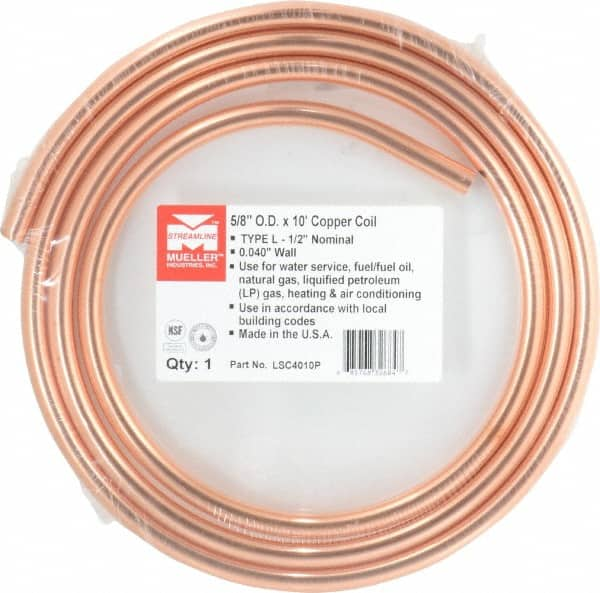 Mueller Industries | Streamline 1/2 inch Outside Diameter x 10 ft. Long, Copper Round Tube - 3/8 inch Inside Diameter, 0.035 inch Wall Thickness LH03010