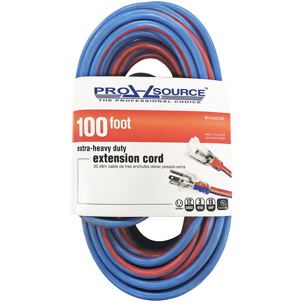 PRO-SOURCE 100 ft., 12/3 Gauge/Conductors, Blue/Red Outdoor Extension Cord  1 Receptacle, 15 Amps, UL SJTW, NEMA 5-15P PS-AZB0040 - 43402395 - Penn  Tool Co., Inc