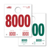 White service hang tag with red numbering on front and green numbering on back, numbered 8000 to 8999