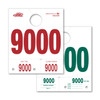 White service hang tag with red numbering on front and green numbering on back, numbered 9000 to 9999