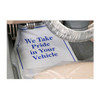 Disposable paper floor mat white with blue ink states We Take Pride in Your Vehicle