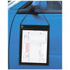 Solid black work order jacket with strap hanging from car side mirror