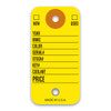 Yellow dealership key tag with write-on areas for new/used, year, make, color, serial number, stock number, key number, coolant, and price