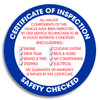 Vehicle inspection sticker says "certificate of inspection" and "safety checked"