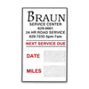 Custom service reminder sticker with company info and logo. Center of sticker states "NEXT SERVICE DUE" with write-on areas DATE and MILES.