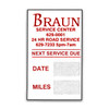 Custom service reminder sticker with company info and logo. Center of sticker states "NEXT SERVICE DUE" with write-on areas DATE and MILES.