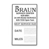Custom service reminder sticker with company info and logo. Center of sticker states "NEXT SERVICE DUE" with write-on areas DATE and MILES.