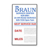 Custom service reminder sticker with company info and logo. Center of sticker states "NEXT SERVICE DUE" with write-on areas DATE and MILES.