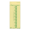 Single-sided paper time card with green print. Contains areas to write employee name, pay period, in and out time for 7 days of the week, and separate areas to record regular time and extra time.