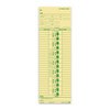 Manila paper time card with green print, contains areas to write employee name, pay period, in and out time for 7 days of the week, and separate areas to record regular time and extra time.