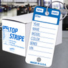 Blue TOP STRIPE Key Tag attached to metal key ring with box of 250 tags in the background.
