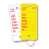 Poly Key Tags by Versa Tag shown in yellow and white with red print. Displays write-on areas for new/used, stock #, year, make, model, color, series, and VIN.