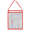 Red stitched work order jacket with transparent soft plastic body for viewing work ticket inside.