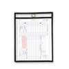 Strapless work order jacket with black stitching, clear soft plastic to display work ticket, and metal reinforced hole at top for hanging.