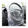 Disposable clear plastic steering wheel cover fits around steering wheel with square plastic design and back slit for easy installation.