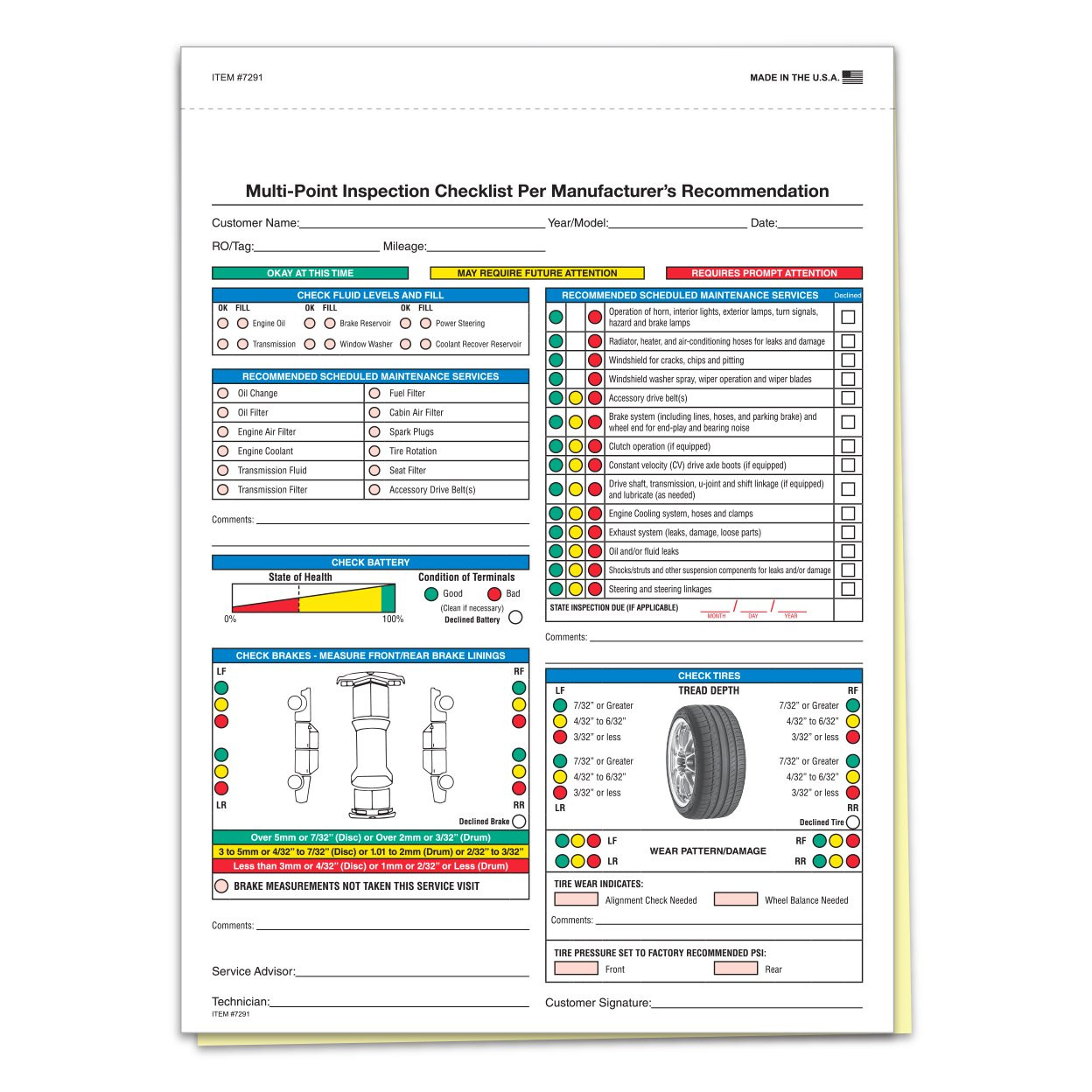 Multi-Point Inspection Checklist Sheets, With Customer Copy