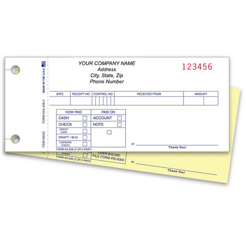 Paper receipt with carbon copy for the customer. Each receipt is numbered and personalized with your company info and/or logo.