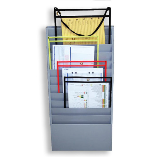 Gray metal job ticket wall rack with 12 pockets