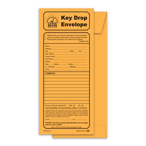 Key drop envelope for automotive after hours service