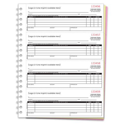 Custom purchase order book with logo and company info, 3-part carbonless paper