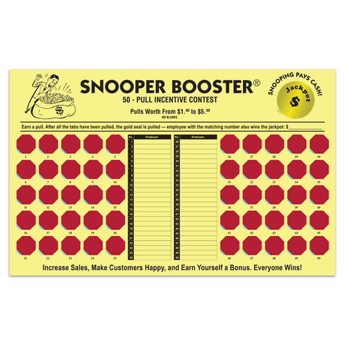 Snooper Booster Cash Board with pull tabs for employees to compete against each other for a jackpot and increase sales.
