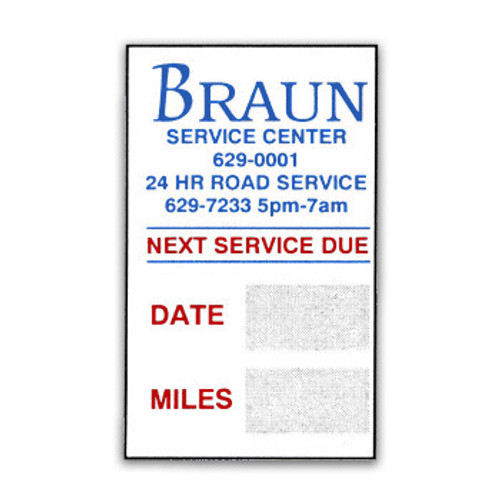 Custom service reminder sticker with company info and logo. Center of sticker states "NEXT SERVICE DUE" with write-on areas DATE and MILES.