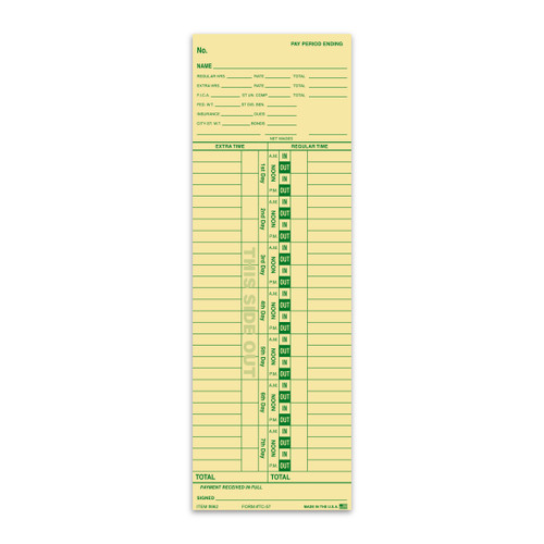 Manila paper time card with green print, contains areas to write employee name, pay period, in and out time for 7 days of the week, and separate areas to record regular time and extra time.