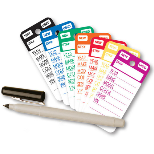 TOP STRIPE Key Tags by Versa Tag shown in colors black, blue, green, orange, red, yellow, and purple, with 1 fine-point sharpie pen.