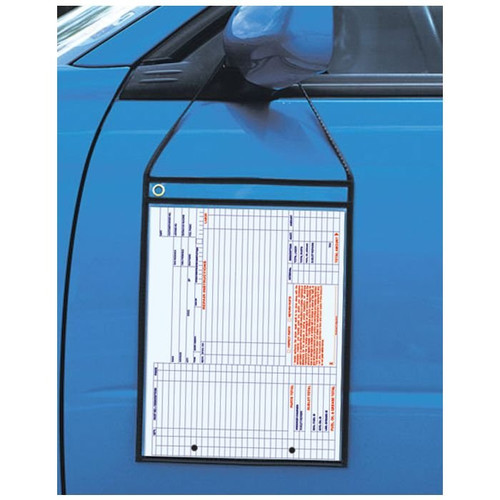 Black stitched work order jacket hangs from car side mirror with work ticket inside.