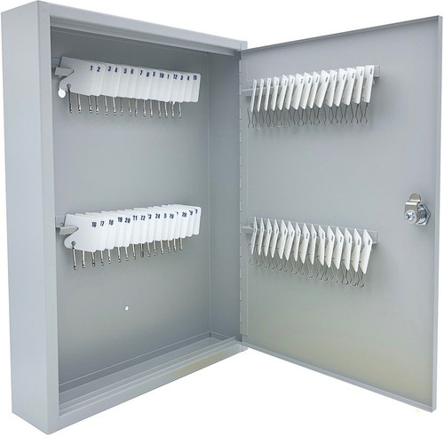 Slotted numbered key tags hanging in key cabinet